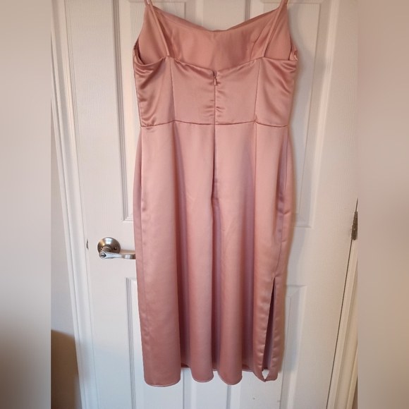 Tea length charmeuse bridesmaid dress with skirt slit and cowl neckline - Picture 2 of 6